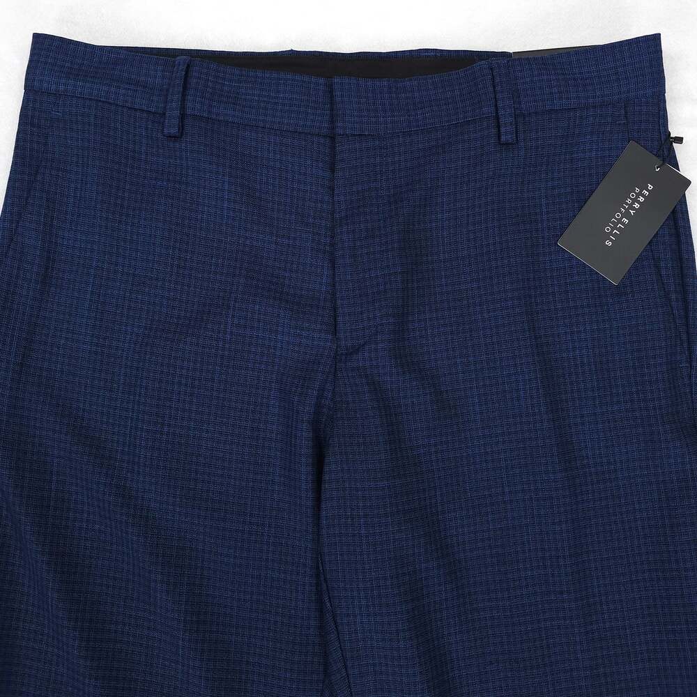 Perry Ellis Mens Modern Fit Dress Pants 36x30 Navy Blue Tonal Grid Plaid Stretch - Picture 2 of 9